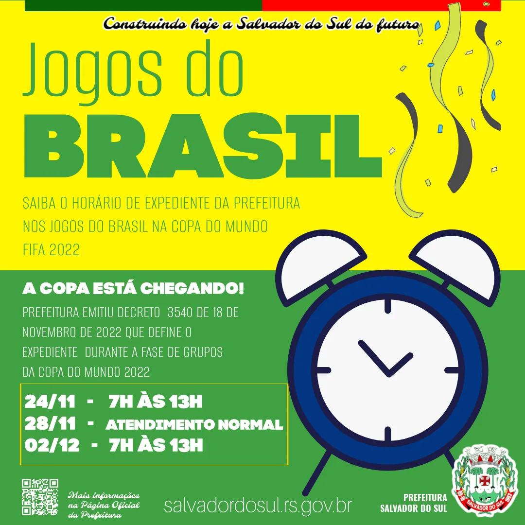 Confira o horário especial de atendimento nas repartições públicas nos dias  de jogos da Seleção Brasileira na Copa do Mundo